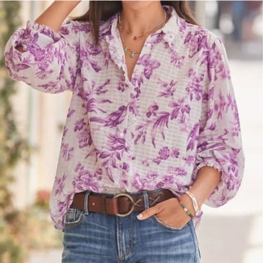 Sundance Sz XS Chantilly Blooms Button Down Top Blouse White Purple Floral Bird